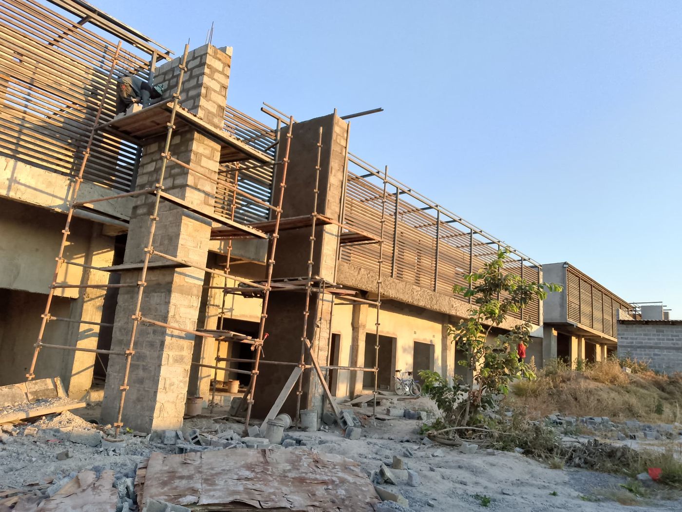 Scaffolded apartment units with timber privacy screens in late-afternoon light