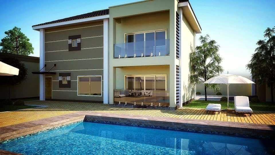 3D design render of modern villa with pool
